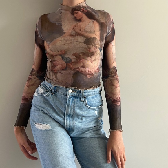 Tops - Angels Art Printed Mesh Stretch Crop Top Mock Neck Turtleneck Wearable Art